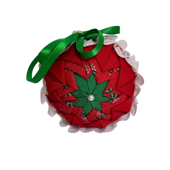 Vintage Handmade Folded Fabric Star Ribbon Christmas Ball Ornaments Set of 6 - Picture 11 of 15